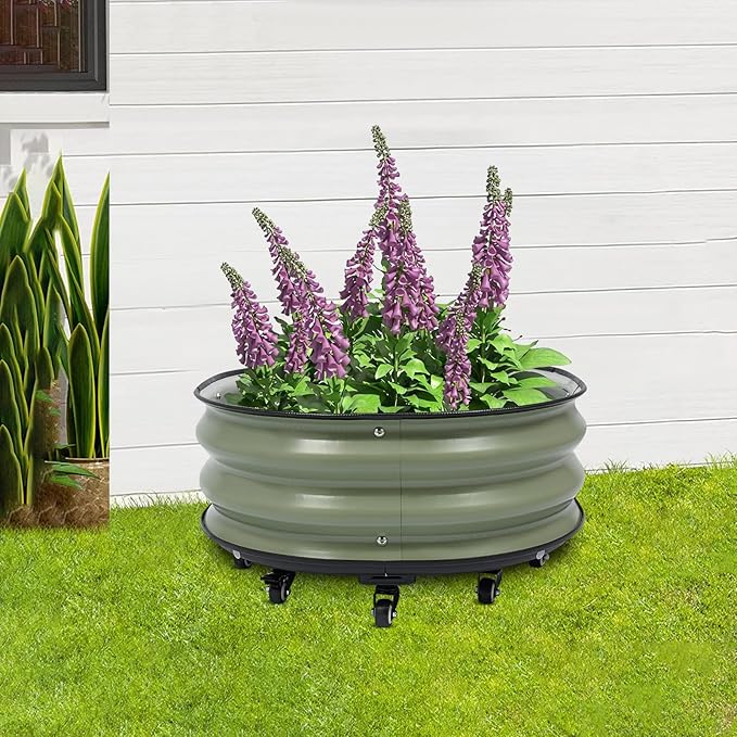 Raised Garden Bed with 9 Wheels 23.6 Inch Round Metal Planter Box for Courtyards Balconies Gardens (Green)