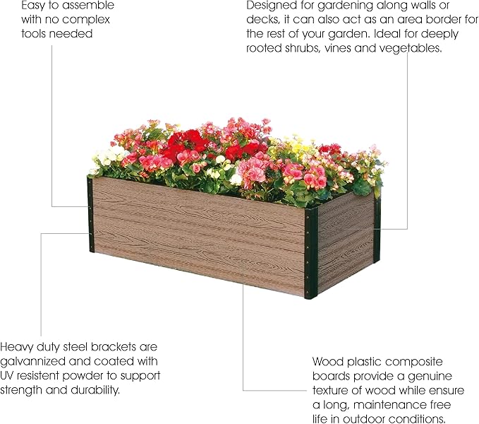 Everbloom Modular Wallside Wood Plastic Composite Raised Garden Bed with Open Bottom 45” L x 24” W x 14” H-Revitalize Your Green Space with The Ultimate Yard Planters for Veggies Flowers&ampHerbs