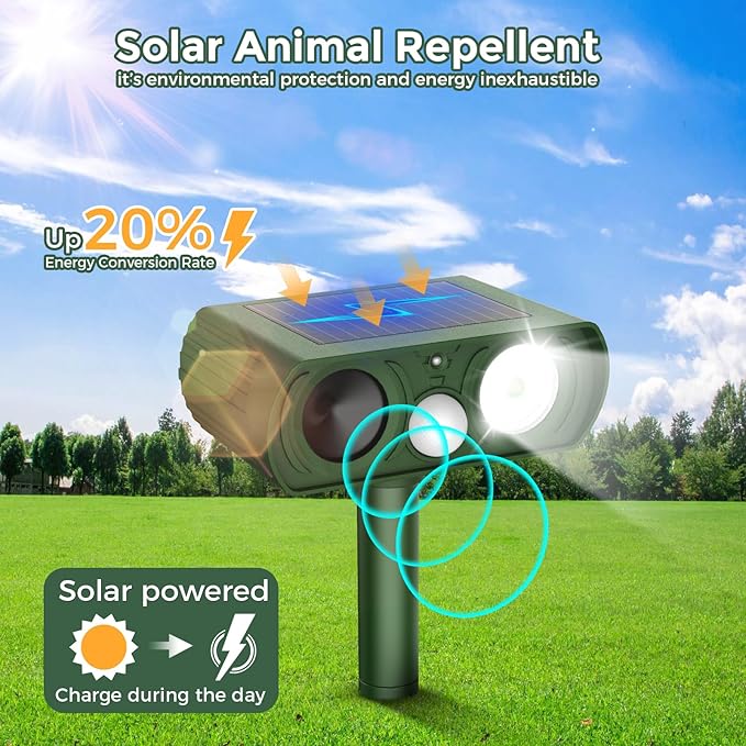 Upgraded Solar Ultrasonic Animal Repellent Outdoor Deer Repellent Devices Squirrel Cat Raccoon Rabbit Dog Deterrent Keep Skunk Away Motion Detection with Flash Light for Yard Garden Lawn 2PACKGreen