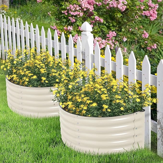 Aoodor 42 L x 24 W x 17 H Half Moon Galvanized Raised Garden Bed Durable Semi-Circular Outdoor Planter Boxes for Vegetables Flowers and Herbs Set of 2 Beige