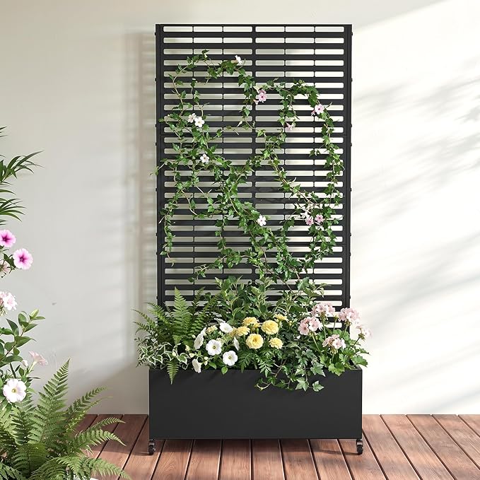 Metal Raised Garden Bed with Trellis and Wheels 73 x 35 x 16 Planter Box with Trellis with Drainage Holes Privacy Planters for Patio with Privacy Screen for Climbing Plants Flowers Vegetables