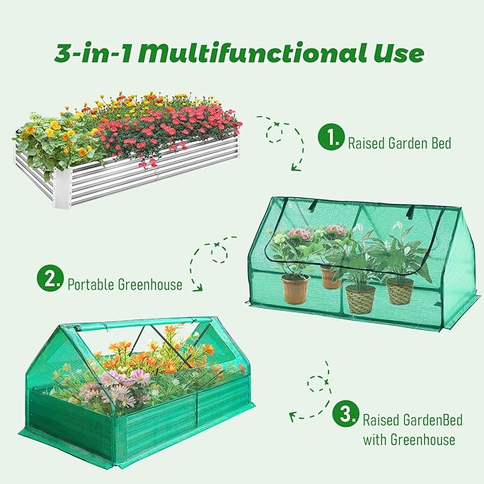 6x3x1FT Galvanized Steel Raised Garden Bed Durable Outdoor Metal Planter Box with Cover Large Metal Greenhouse for Vegetables Flowers Herbs Rust-Resistant Sun&ampWind Protection