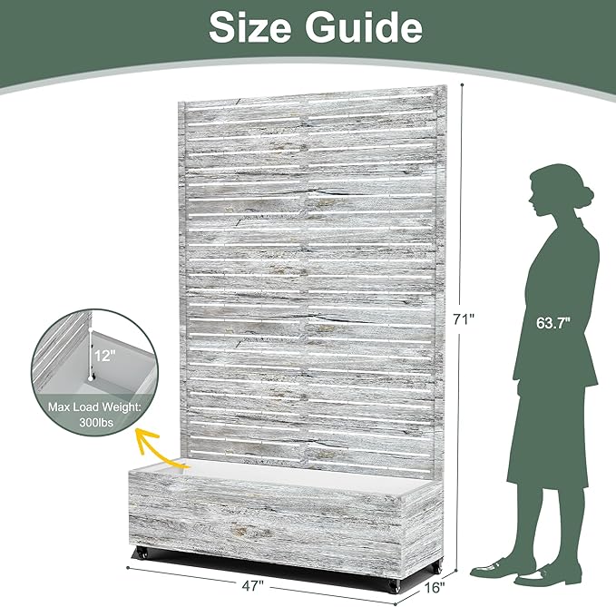 Metal Planter Boxs with Trellis &amp Wheels for Outdoor Plants Vines Large Raised Garden Beds with Drainage Holes for Patio (47 L Gray Oak Grain)
