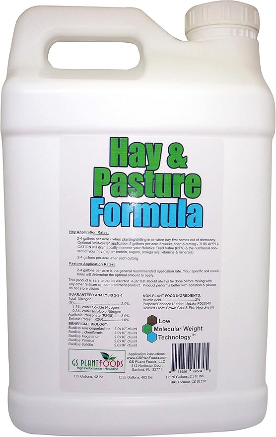 Hay &amp Pasture Formula by GS Plant Foods- Organic Pasture Fertilizer with Humic Acid &amp Fulvic Acid (5 Gallon) - Pasture Grass Formula for Higher Yields and Healthier Animals