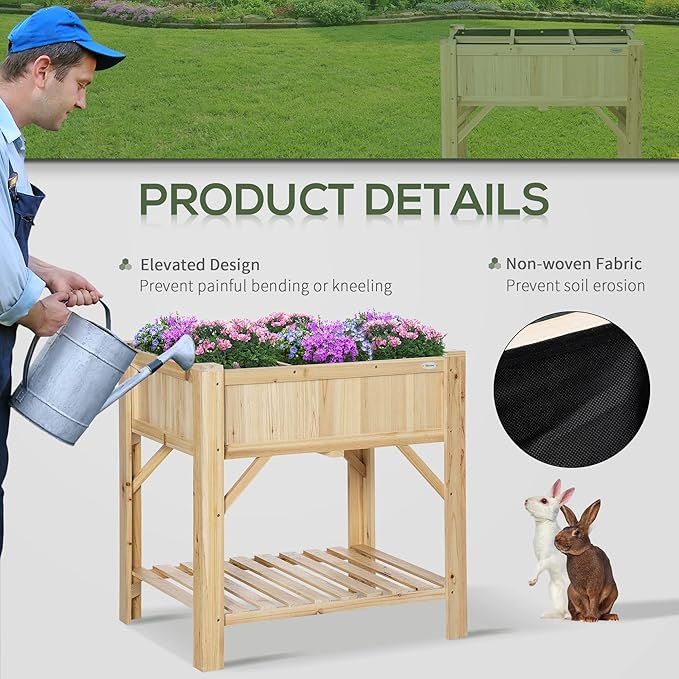 Outsunny Raised Garden Bed Wood 6 Grid 31 x 23 with Storage Shelf Water Draining Planter Box for Vegetables Flowers Herbs Patio