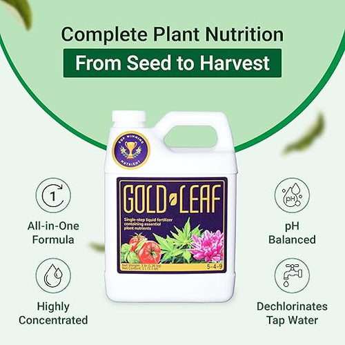 1 Gallon Gold Leaf All-in-One Liquid Fertilizer – pH Balanced Instantly Dechlorinates No Additives Needed – for Soil Hydroponics &amp Coco – Bigger Blooms Higher Yields Complete Plant Nutrition