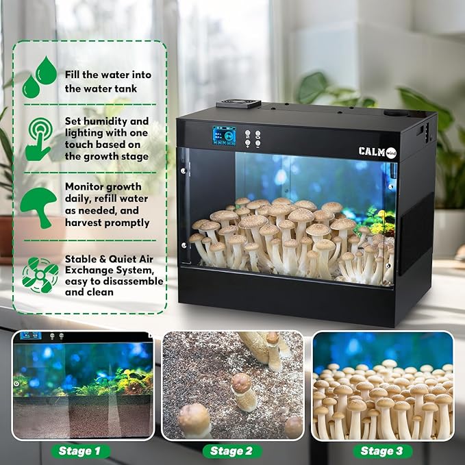 Smart Mushroom Grow Box with Humidity &ampTemperature Monitoring SensorMushroom Grow Chamber with Grow LightSmart Monotub Mushroom Growing Kit 16x11X13 inches with HD LCD ScreenStill Air Box