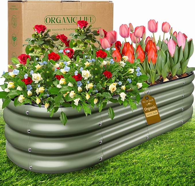 Olive Green 4x2x0.9ft Raised Garden Bed Deep Metal Garden Bed Large Galvanized Raised Garden Beds Outdoor Raised Planter Box Kit for Vegetables Flowers Fruits