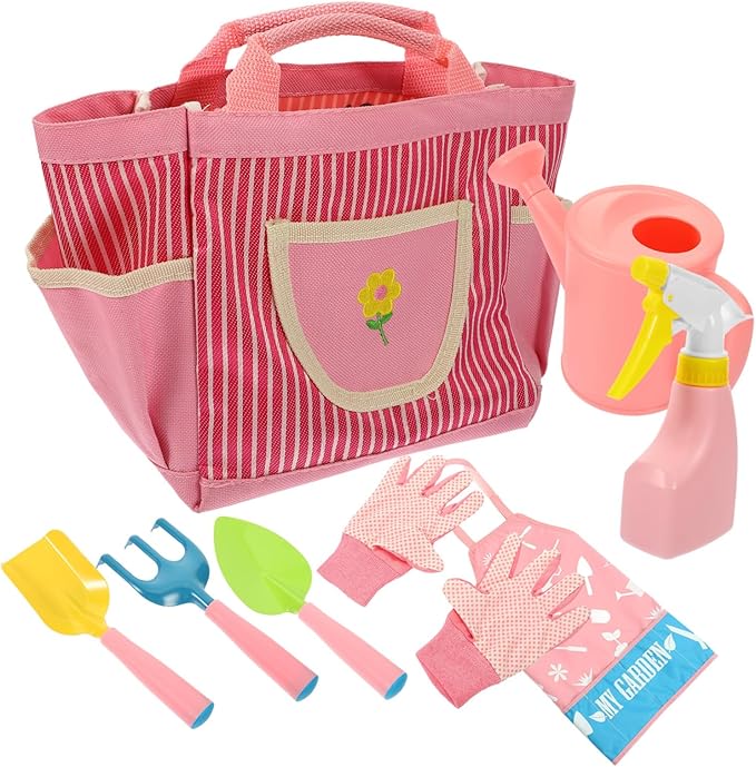 1set Boy Girl Gardening Tool Set Boy Girl Garden Kit Shovel Rake Gloves Apron Watering Can and Carry Bag Lightweight Tools for Boys and Girls