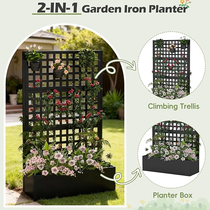 Metal Planter Box with Trellis Black Raised Garden Bed Privacy Screen Planters with Trellis for Climbing Plants Vegetable Flowers Outdoor Indoor Large 1Pc