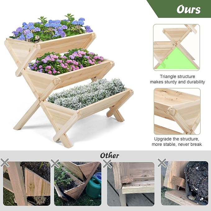 3 Tiers Wooden Vertical Raised Garden Bed with LegsPlanter Raised Beds Kit for Flowers Herbs Vegetables Natural