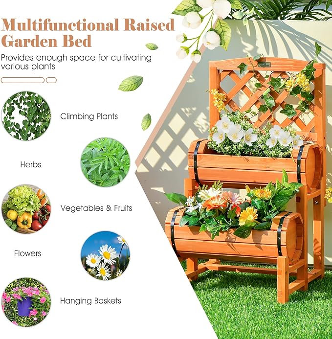 Giantex Raised Garden Bed with 2 Barrel Planters &amp Trellis 2-Tier Freestanding Wooden Raised Bed for Vegetable Flower Fruit Indoor Outdoor Plant Box for Garden Yard Balcony