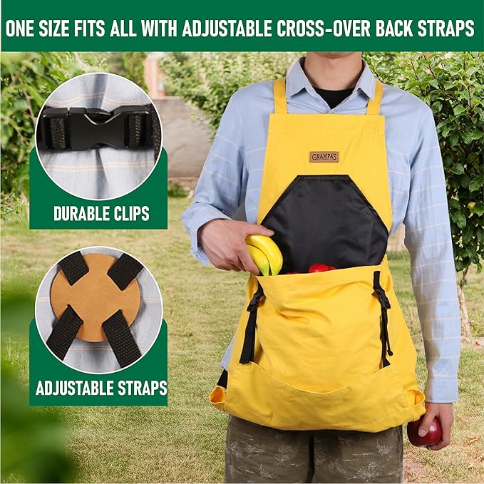 Grampa's Garden Apron - Cross Back Gardening Apron With Pockets For Women &amp Men | Harvest Apron with Large Kangaroo Pouch