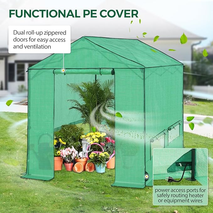 8x8 Pop Up Greenhouse Instant Walk in Green House with PE Cover Power Ports Roll up Doors &amp Windows for Indoor Outdoor Plant Growing Green