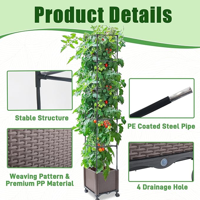 Raised Garden Bed Planter Box with Trellis 62.2 Self-Watering Tomato Planters for Climbing Plants Vine Flowers Outdoor Patio Tomatoes Cage with Trellis Wheels for Outdoor 1Pack