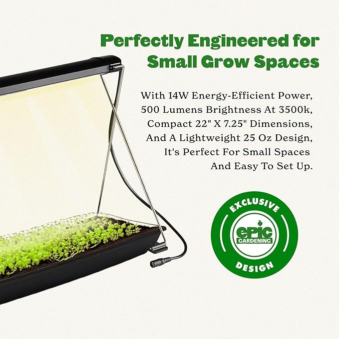 Epic Gardening Seed Starting Grow Light – Full-Spectrum LED with Adjustable Height for Indoor Seedlings | Energy-Efficient Long-Lasting Light with Timer (Small)