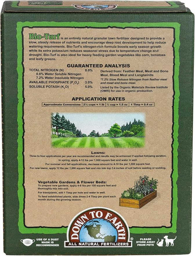 Down To Earth All Natural Fertilizers Organic Bio-Turf Lawn Food for Grass Landscape and Ornamentals - Works with Lawn Spreaders 8-3-5 4 lb
