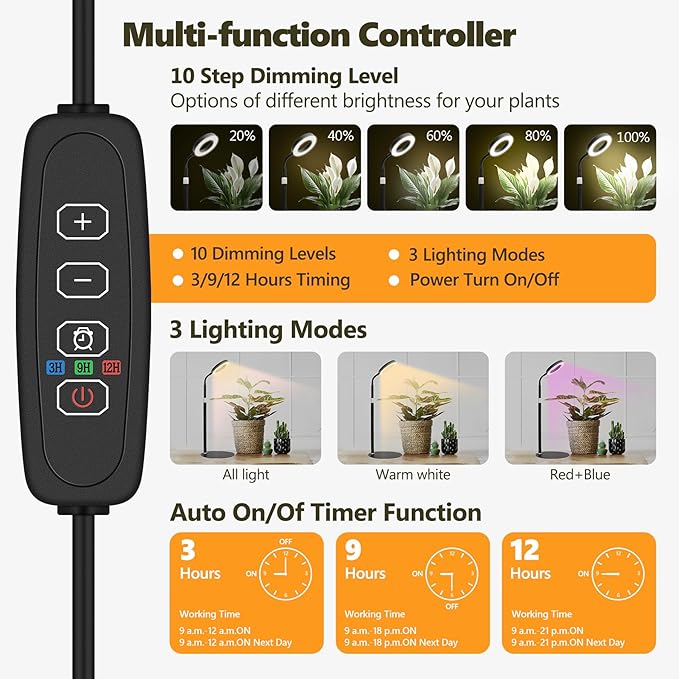 Desk Top Grow Lights for Indoor PlantsFull Spectrum Table Plant Light24.2 Telescope StandUV LED Red Blue Halo Growing LampAdjustable GooseneckAuto Timer3 Lighting Modes10-Level Dimmable