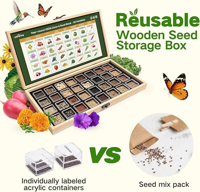 Lush&ampDew Year-Round USDA Zone 4 Seed Bank 32 Varieties Non-GMO Heirloom Seeds of Vegetables Herbs Gardening Gifts for Women Men Emergency Survival Kit for Raised Garden Bed Greenhouse