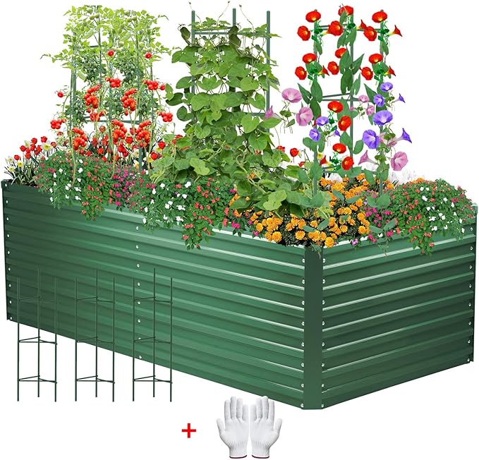 6x3x2ft Outdoor Metal Raised Garden Bed Planter Box for Vegetables Flowers Herbs w/ 3 Tomato Cages Green