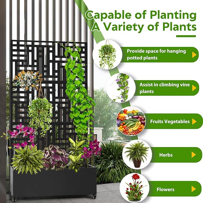 Metal Planter Box with Trellis71”Raised Garden Bed with Trellis Privacy Screen and Drainage.Wheeled for Patio Flexibilityfor Climbing Veggies/Flowers.DIY-Friendly Design