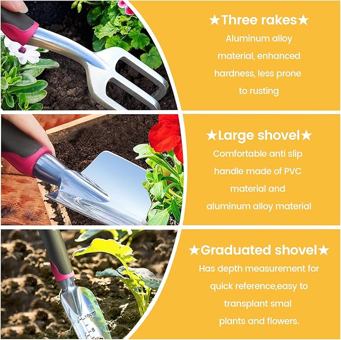 Qulable Tools Gardening Hand Tools 3 Piece Set - Heavy Duty Garden Trowel Transplanter Hand Rake - Comfort Grip Handle - Rust-Proof Design Cultivator Garden Hand Shovel