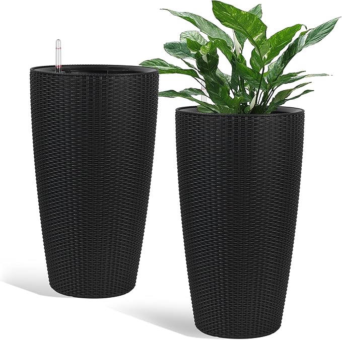 IndoorOutdoor The Appearance is Made of Rattan Planter22.5 inch Black Plastic Large Plant Pot with Automatic Watering System for Home and G (Black 22.5 inch 2 Pack)