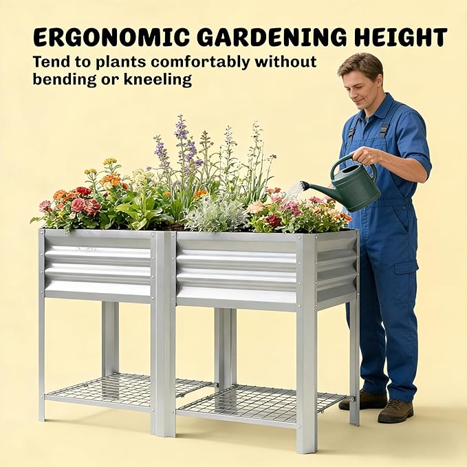 Elevated Outdoor Raised Garden Bed with Legs - 39.6-Gallon Galvanized Steel Planter Box for Patio Herbs Vegetables &amp Flowers - Ergonomic Height 33lb Storage Shelf (Silver)