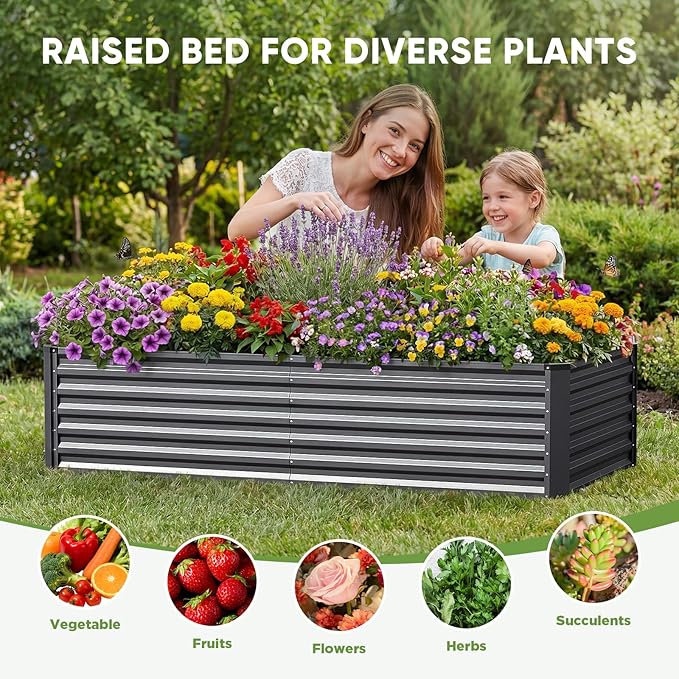 Galvanized Raised Garden Bed Outdoor 8x4x2ft Large Raised Bed for Gardening Metal Planter Box for Vegetables Fruits Flowers and Herb Easy Assembly Food Grade Materials Dark Gray