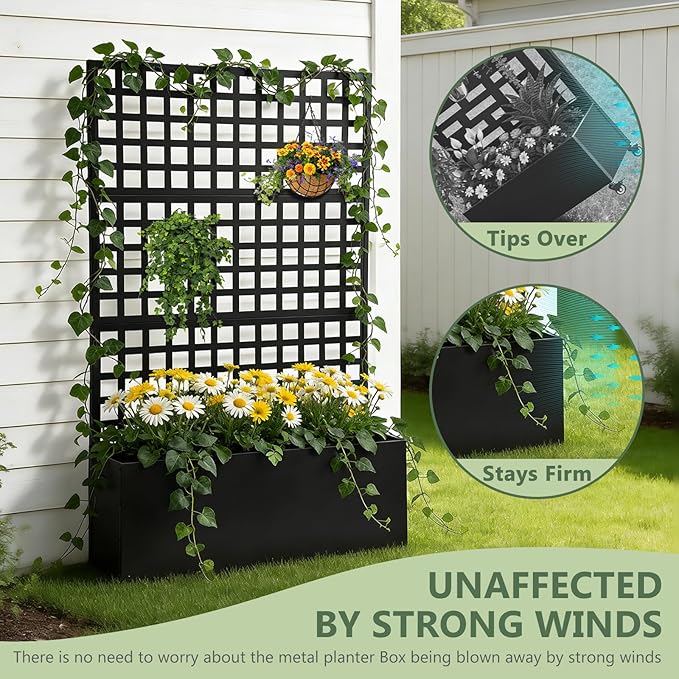 Metal Privacy Planter Box with Trellis Raised Garden Bed Privacy Screen with Drainage Holes Outdoor Metal Planter Box for Climbing Plants Patio &amp Garden 70 x 46 x 12 Black (2)
