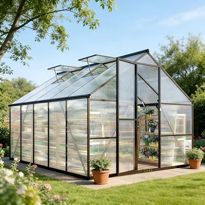 8x10 FT Greenhouse for Outdoors Polycarbonate Greenhouse with Quick Setup Structure and Roof Vent Aluminum Large Walk-in Green House for Outside Garden Backyard Charcoal Black