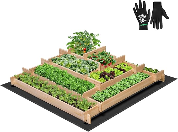 VIVOSUN 5-Tier Wooden Raised Garden Bed 42 x 42 x 14 Inches Outdoor Wood Planter Box with Gloves and Liner for Garden Patio Balcony Backyard and Outdoors