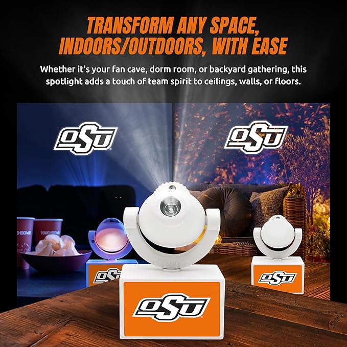 Sporticulture NCAA American Football Oklahoma State Cowboys - Adjustable Led Mini Spotlight Projector with 6 Team Logo Designs - Portable &amp Rechargeable Spotlight - Battery-Operated - 4.375” x 3.1