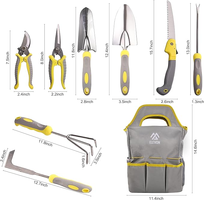 Elevon Garden Tool Set 9 PCS Stainless Steel Heavy Garden Tools Garden Tool Set with Waterproof Storage Bag Suitable for Planting Digging and Pruning The Best Choice for Garden Lovers