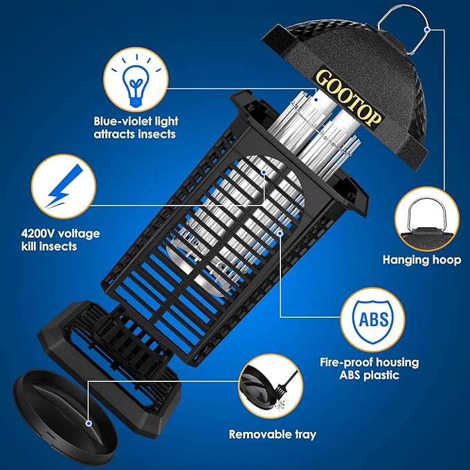 Bug Zapper Outdoor 4200V Electric Mosquito Zapper Bug Zapper Outdoor Fly Traps Fly Zapper Mosquito Killer Indoor 3 Prong Plug 90-130V ABS Plastic Outer
