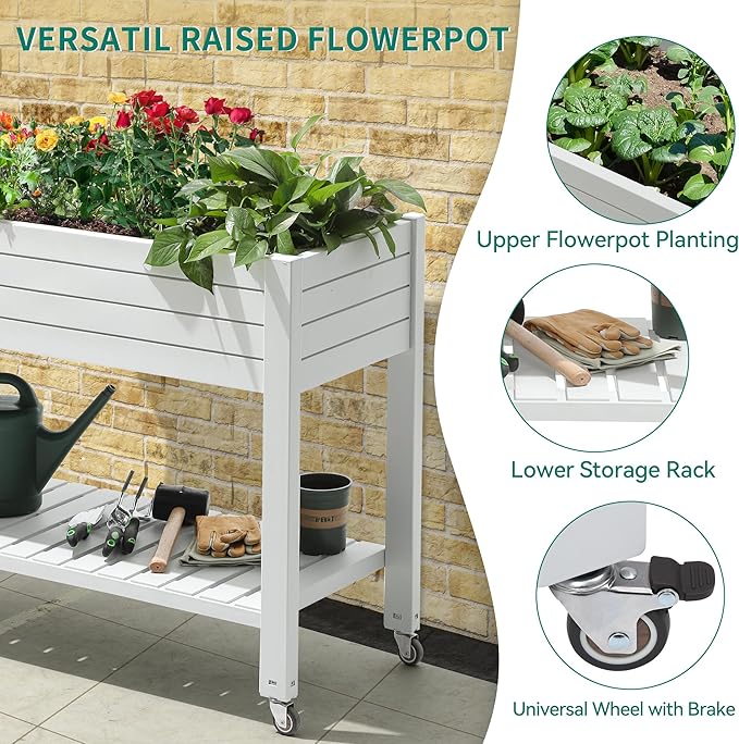 YITAHOME 43.3x17.7x34 in Elevated Garden Bed Outdoor Plastic Planter Box with Wheels Legs Drain Plug and Storage Shelf for Plants Vegetables Flowers Herbs Grayish-White