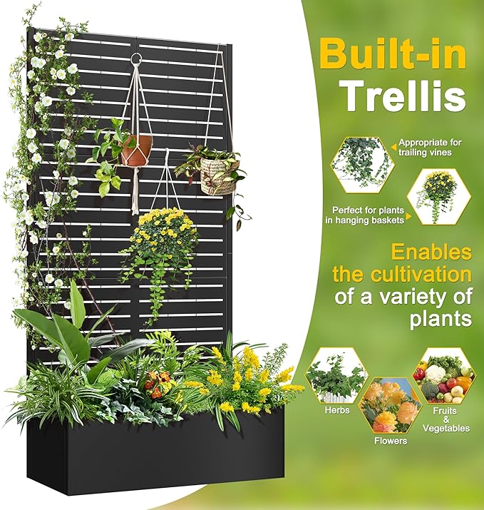 FENCY Metal Raised Garden Bed with Trellis Metal Planter Box with Trellis Garden Box for Climbing Plants Vegetable 35 Lx16 Wx71 H Garden Bed with Drainage Holes(Black-Louvered)