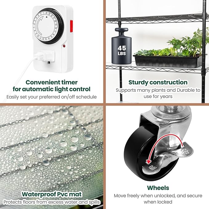 SOLIGT Plant Shelf with Grow Lights 5 Tier Grow Light Stand Rack with 8 Pack 16“ 6000K T5 Full Spectrum Led Grow Lights for Indoor Plants Seed Starting Seedling Growing Timer Included