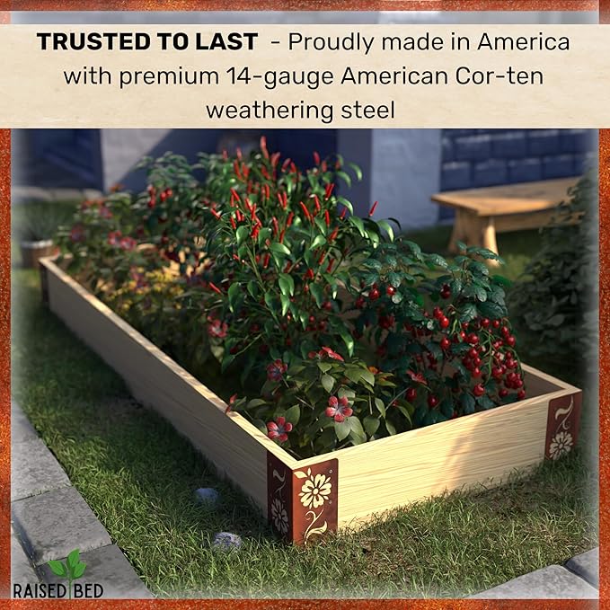 Starby COR-Ten DIY Botanical Raised Bed Garden Corner Brackets - Premium Heavy-Duty Weathering Steel -Set of Four 8” Lawn &amp Garden Designer Series
