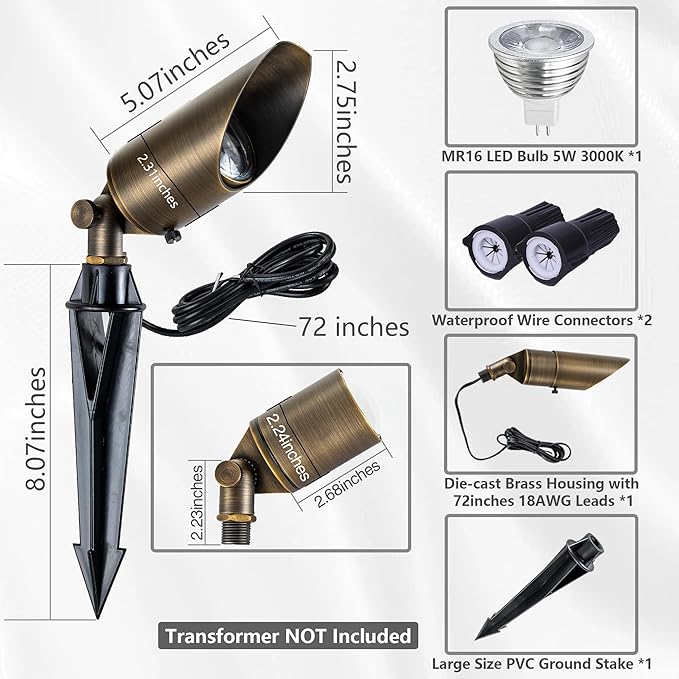 LumStory Brass Low Voltage Landscape Spotlight 12V Bronze Waterproof Shroud Adjustable Outdoor Landscape Lighting with MR16 LED Bulb 5W 3000K 4-Pack