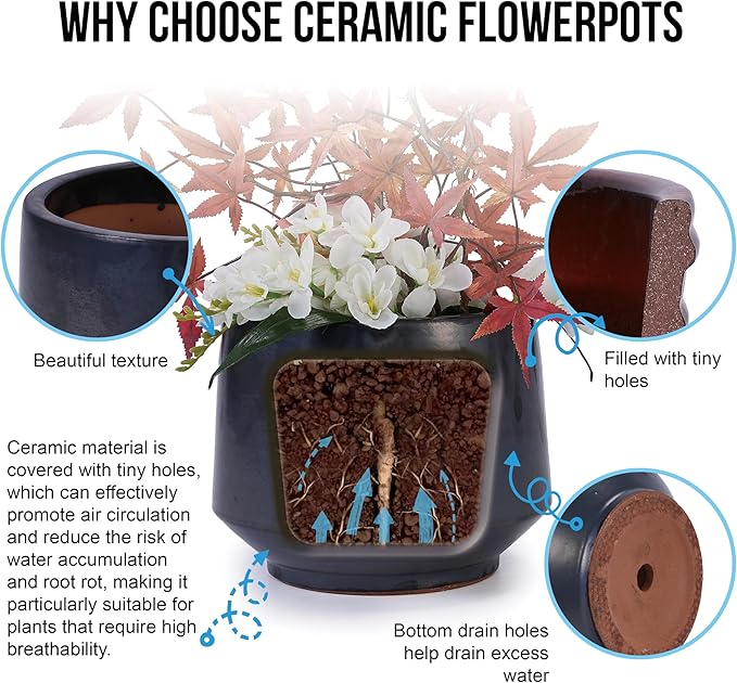 Handmade Black Matte Glazed Ceramic Planter Set of 3 15119 Inch Diameter Textured for Orchids Begonias IndoorOutdoor Use on Windowsill Bookshelf Breathable Clay