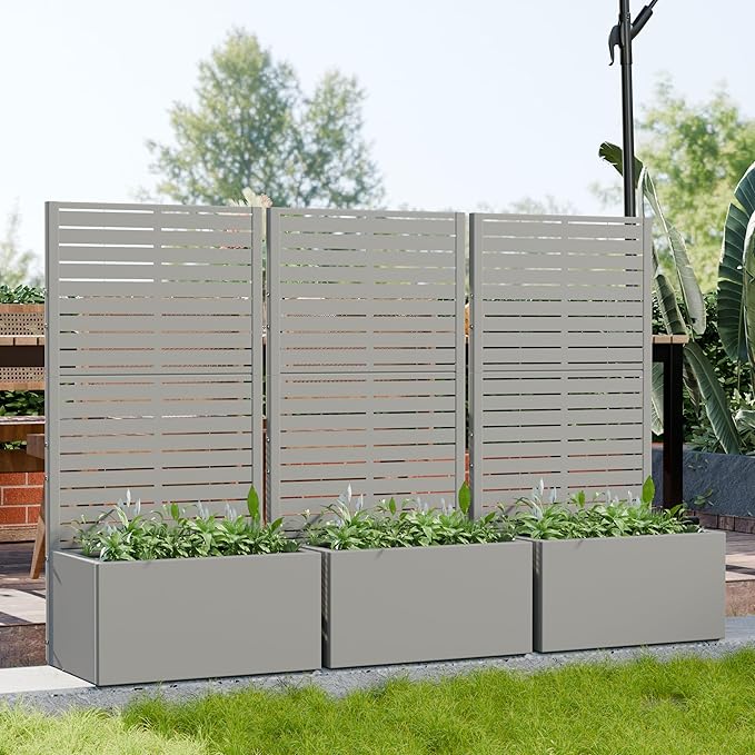Casaphoria 60x30 Metal Raised Garden Bed with Trellis(2 Pack) Outdoor Planter Box with Wheels &amp Drainage Holes for Climbing Plants Flowers Elevated Garden Kit with Privacy Screen Grey-Louver