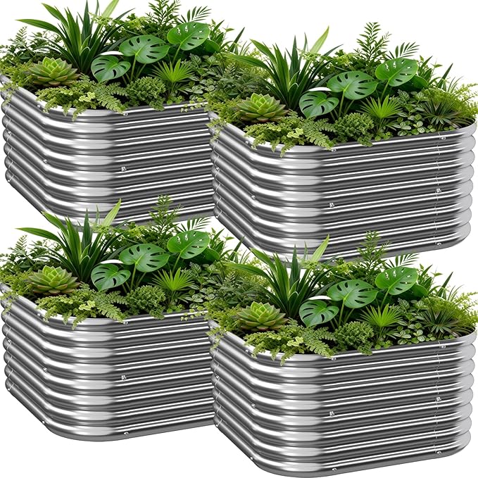 4 PCS Galvanized Raised Garden Bed Outdoor Metal Garden Bed for Vegetables Above Ground Garden Box for Flower Steel Raised Beds for Gardening - 3FT
