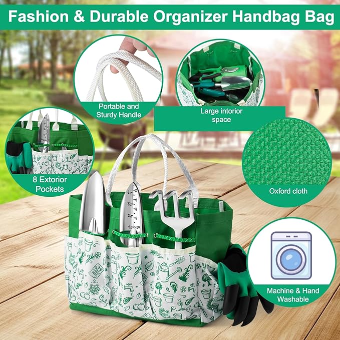 Garden Tool Set for Women 12pcs Heavy Duty Gardening Tools Cute Gardening Supplies Gifts for Women Mom Garden Hand Tools with Fashion Organizer Handbag Garden Tools for Gardening Planting Green