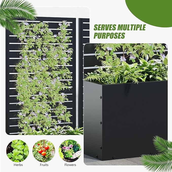 Casaphoria 47x24 Metal Raised Garden Bed with Trellis(2 Pack) Outdoor Planter Box with Wheels &amp Drainage Holes for Climbing Plants Flowers Elevated Garden Kit with Privacy Screen Black-Louve
