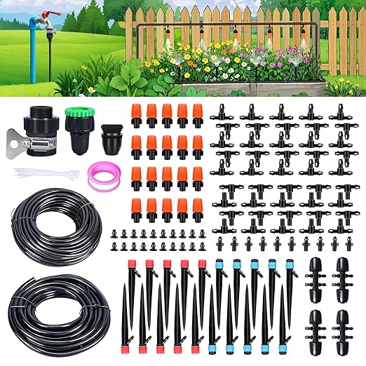 ASEVAT Drip Irrigation System Kit 26FT+197FT Garden Watering System with Hose Distribution Tubing Drip Emitters ConnectorsAutomatic Drip Irrigation Kit for PlantGreenhouse YardLawnPatio