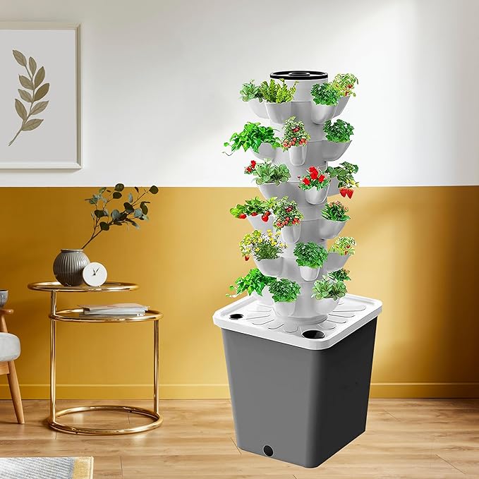 Grow Hydroponic Tower Aquaponics Grow System Hydroponic Grow Kit Vertical Grow Tower System with Moisturizing Pump Adapter30holes