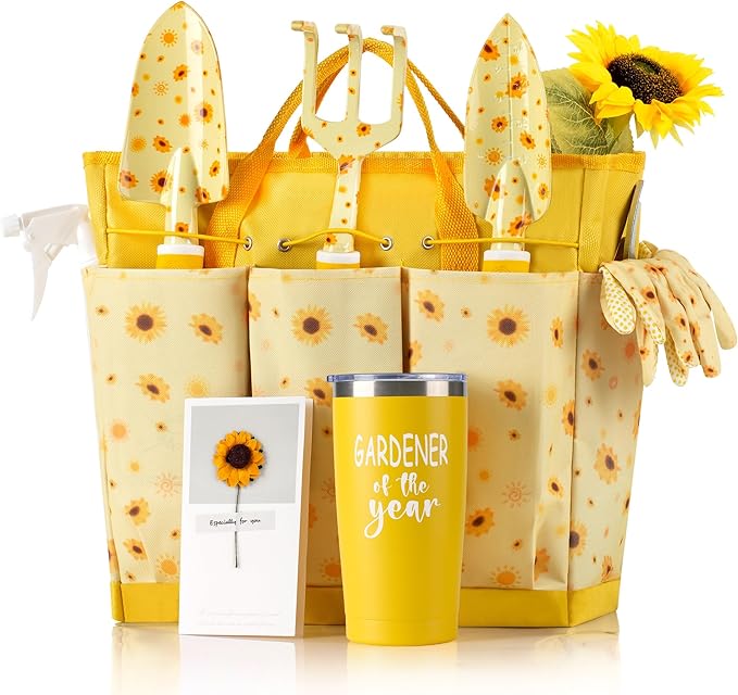 Garden Tool Set with Sunflower Print Heavy Duty Gardening Hand Tools with Garden Tool BagGardening Gifts for Women&ampMenYellow