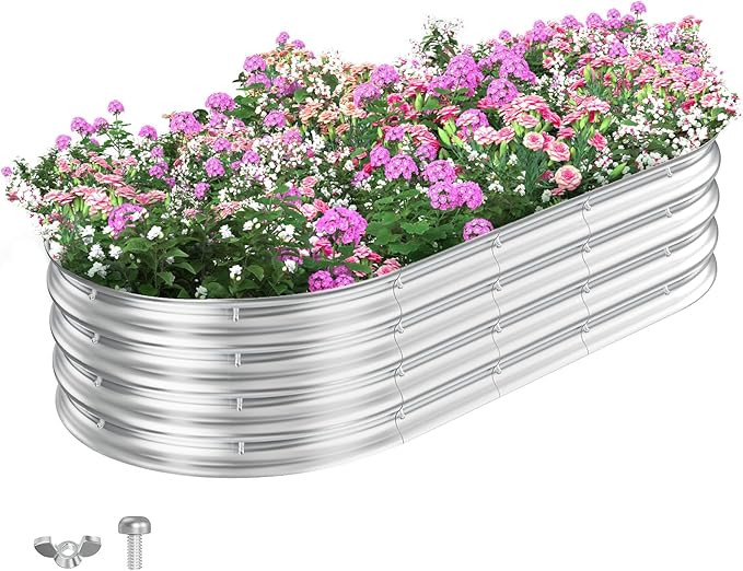 Metal Oval Raised Garden Beds(Silver) 6 × 3 × 1ft Galvanized Raised Garden Bed Kit Outdoor with Safety Edging Large Raised Planter Boxes for Gardening Vegetables and Flowers