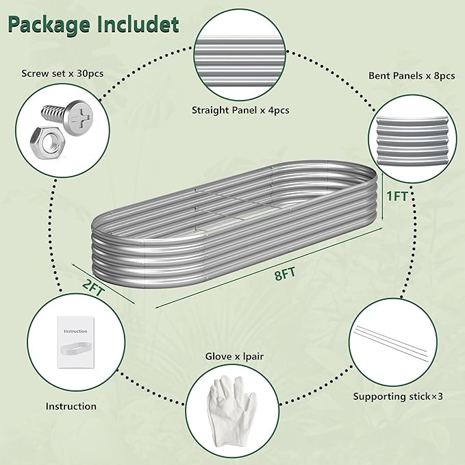 2PCS 8x2x1FT Galvanized Raised Garden Bed KitVegetable Boxes-Oval Metal Flower BoxLarge Planter Raised Beds Outdoor Garden for PlantingFruitHerb-Silver